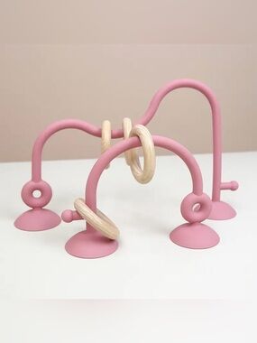 Baby Wooden Ring Bead Puzzle Toy, Silicone Track with 4 Wooden Rings and Suction